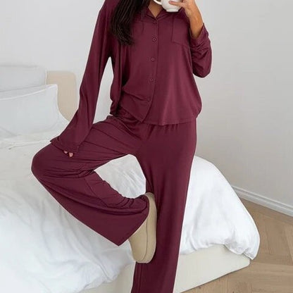 Women Modal Lapel Collar Long Sleeve Sleepwear Set