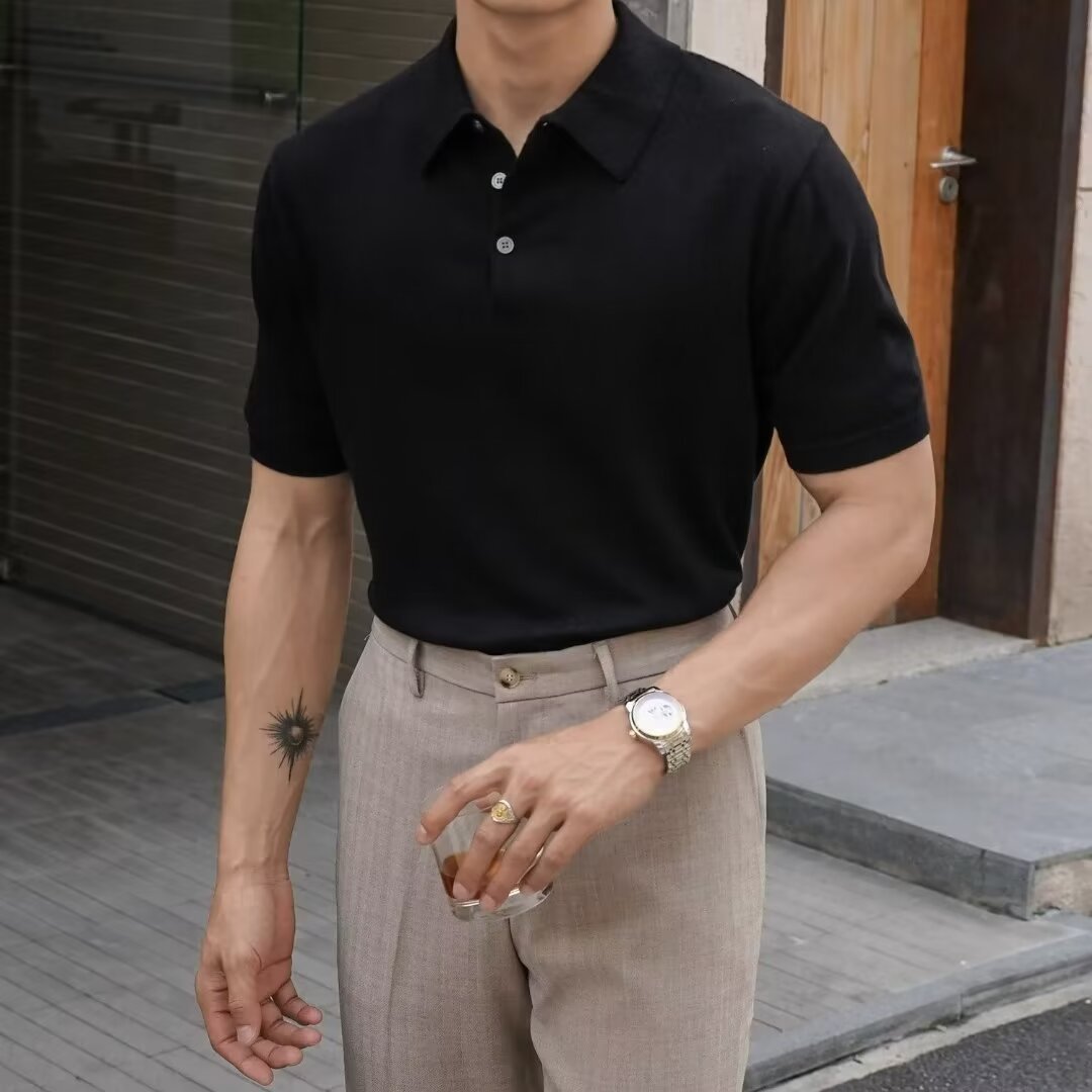Fashion Casual Lapel Pure Color Polo Shirt Casual Knitted Short-Sleeved Men's Summer New Breathable Trendy Men's T-Shirt