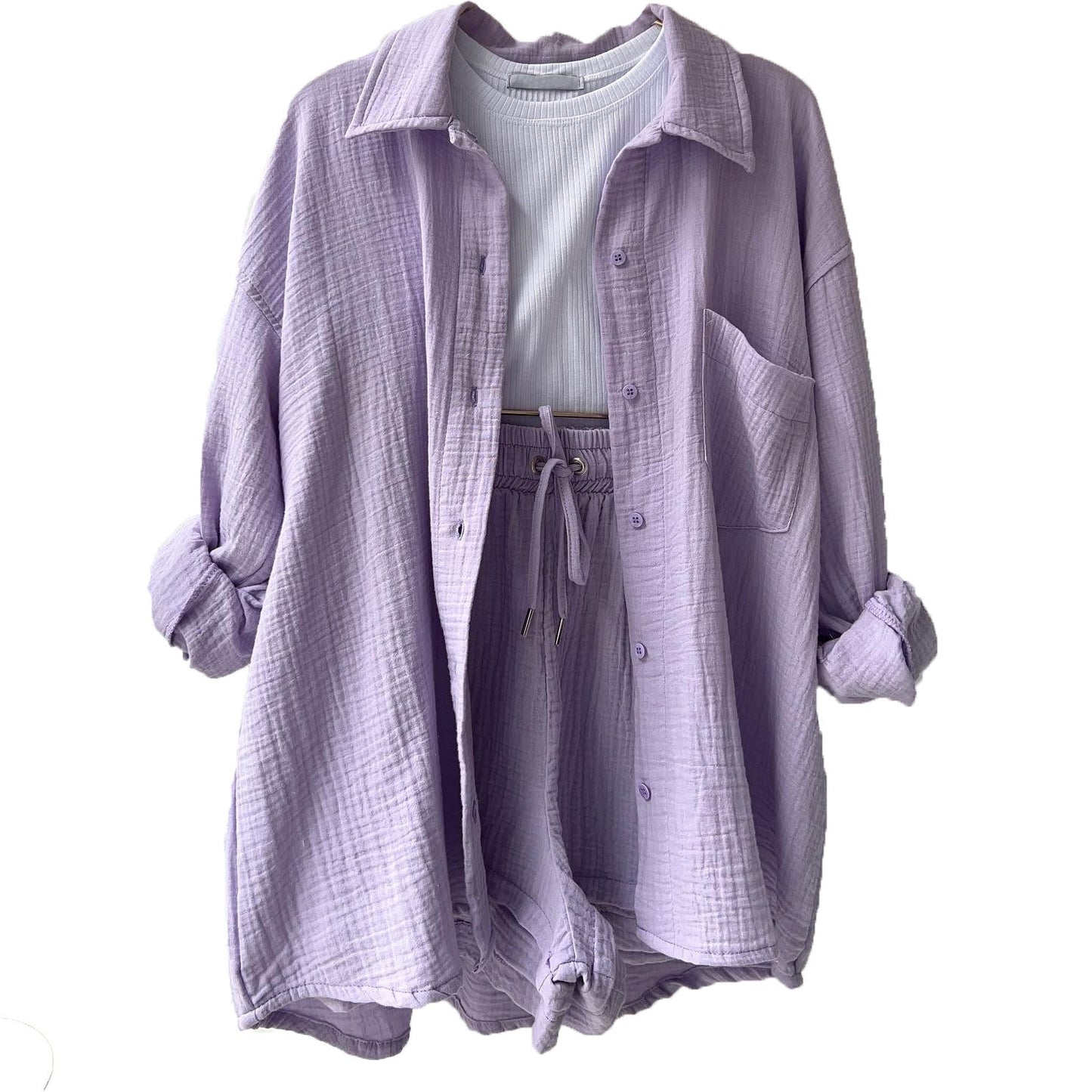 Wrinkled collar long sleeved shirt high waisted drawstring shorts two-piece set