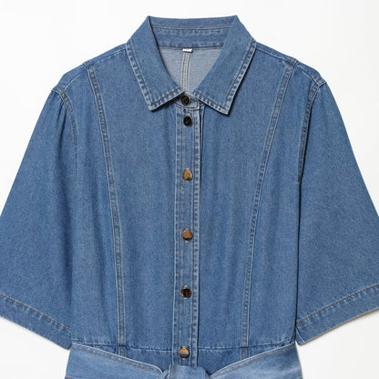 Modieuze damesjurk van denim met overhemdkraag en ceintuur