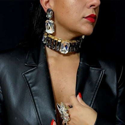 Modieuze oversized choker ketting en oorbellenset met strass steentjes