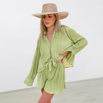Slim Pleated Green Cardigan Sleepwear Set, Loose Casual Long Sleeve Short Pants Women's Loungewear