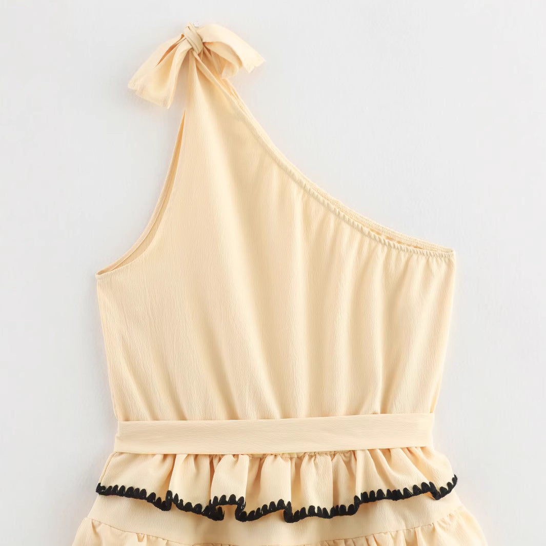 Summer fashion sleeveless shell craft slanted shoulder cake skirt dress for women