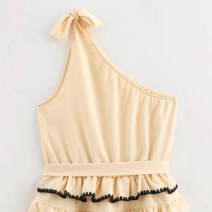 Summer fashion sleeveless shell craft slanted shoulder cake skirt dress for women