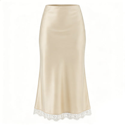 Women's High-Waisted Lace Satin A-Line Maxi Midi Skirt