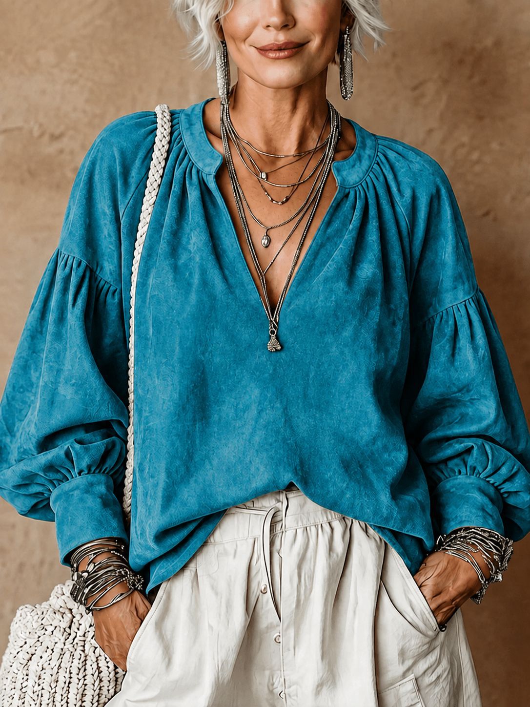 Women's Retro Ruched V-Neck Suede Loose Top