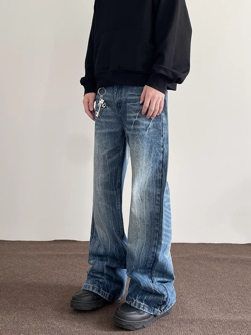 Mens Washed Denim Wide Leg Trousers