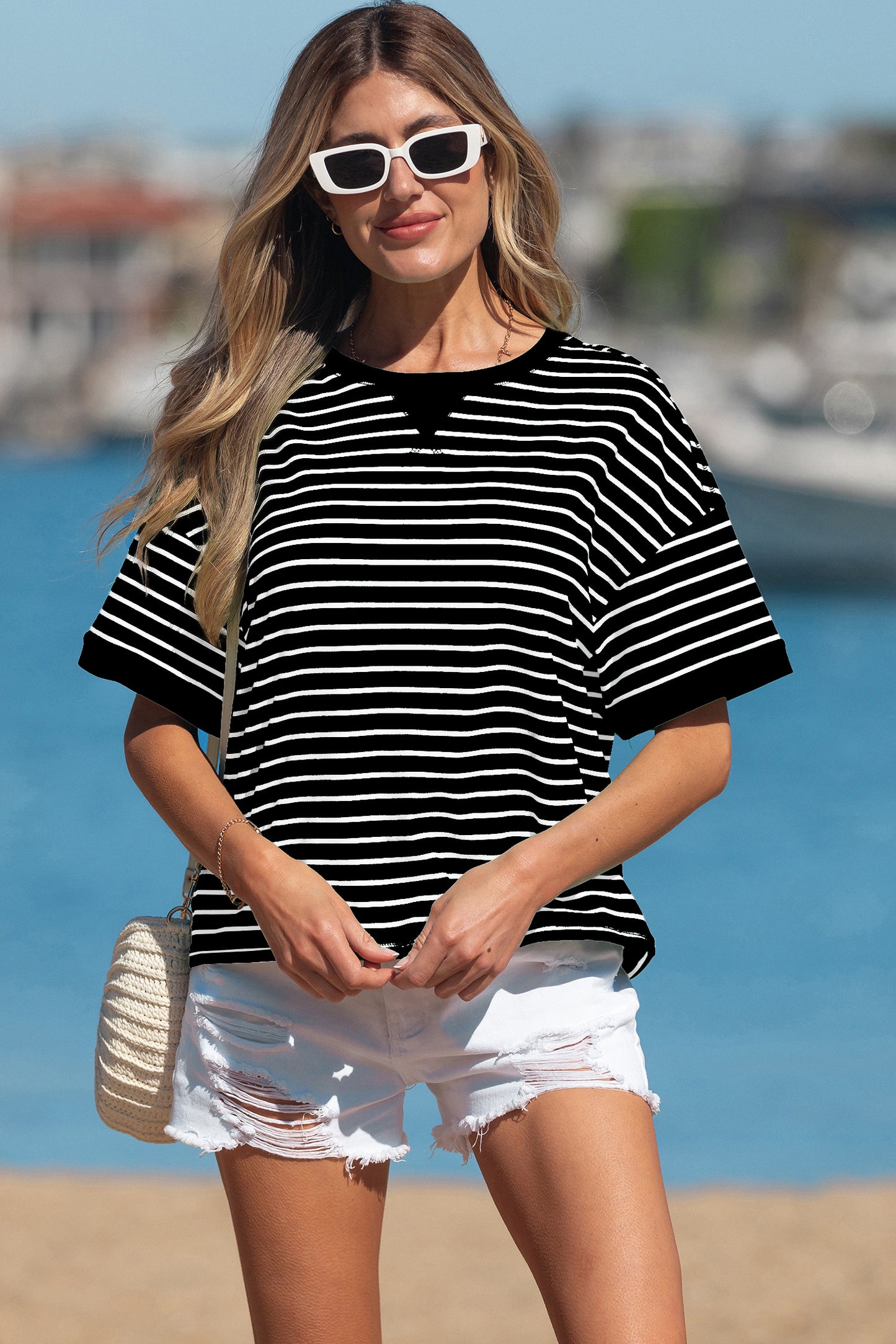 Gestreepte geribbeld patchwork T-shirt met korte mouwen