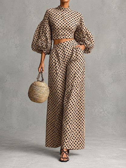 Women's polka dot bubble sleeve top wide leg pants 2 piece set