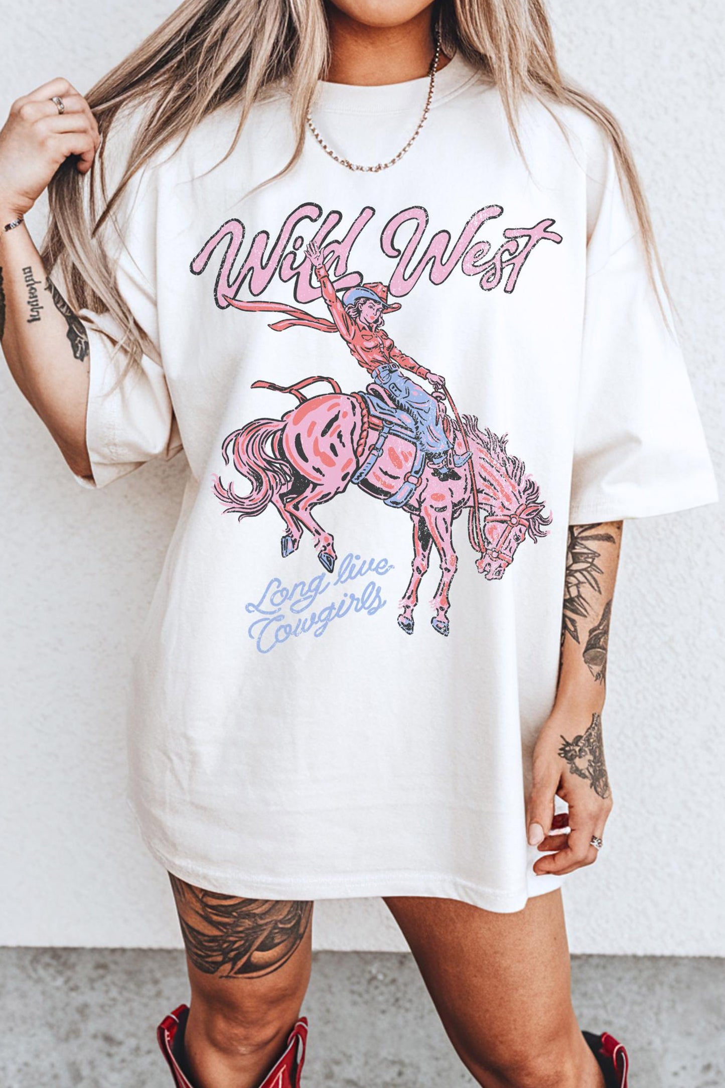 Witte Oversized Wild West Cowgirl Rodeo T-shirt met Grafische Print