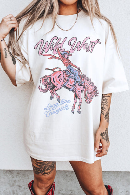 Witte Oversized Wild West Cowgirl Rodeo T-shirt met Grafische Print