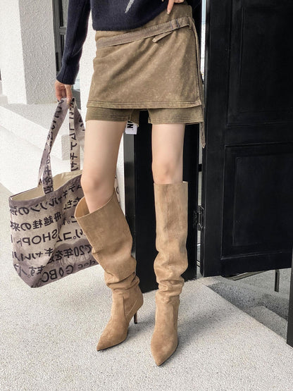 Womens Pointed Toe Knee High Suede Boots
