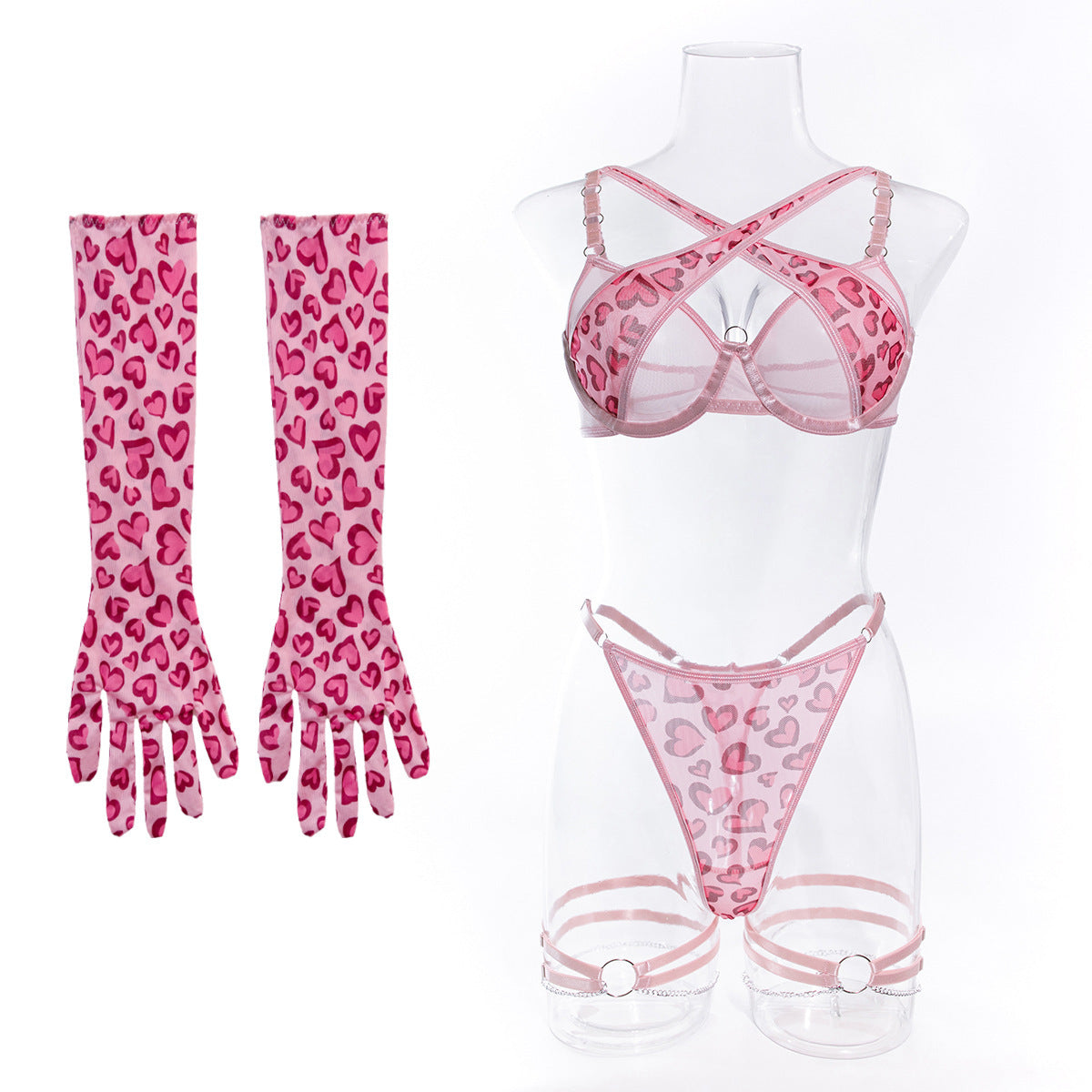 Sexy lingeriepak met luipaardprint metalen ketting handschoenen en beenring