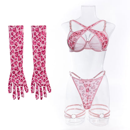 Sexy lingeriepak met luipaardprint metalen ketting handschoenen en beenring