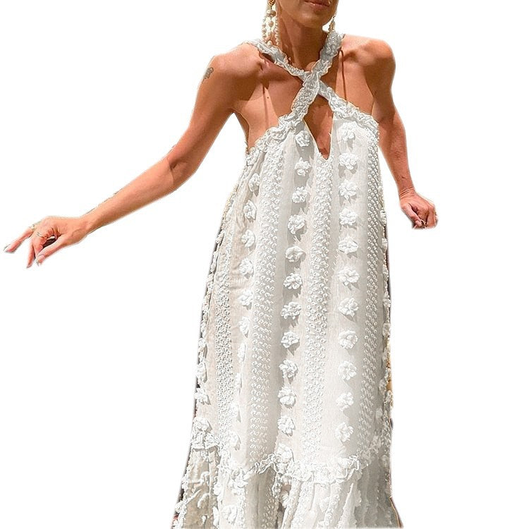 2026 Spring/Summer European and American New Style Solid Color Fashionable 3D Floral Floor-Length Cake Dress Cross-Border Long Dress Women's Halter Dress