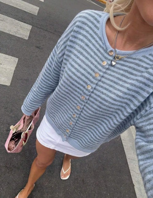 Women's Striped Knit Button-Front Long Sleeve Cardigan