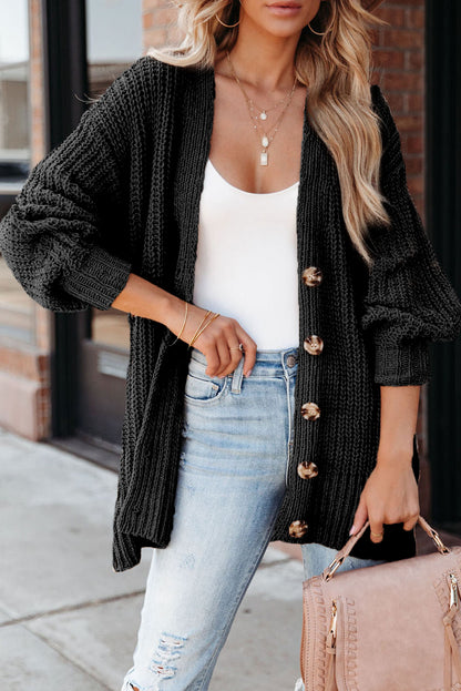 Gray Buttoned Front Drop Shoulder Knitted Cardigan