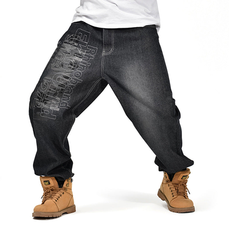 Zwarte heren baggy jeans met print