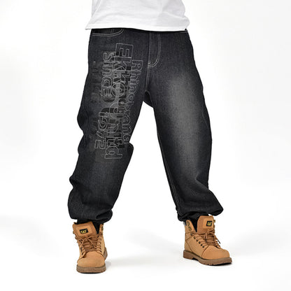 Zwarte heren baggy jeans met print
