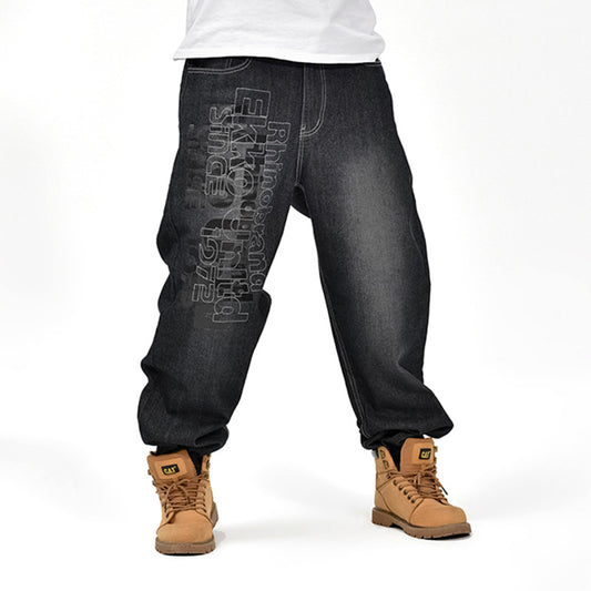 Zwarte heren baggy jeans met print