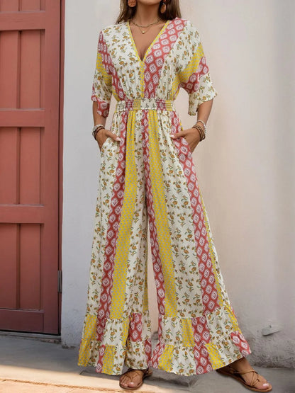 Ruffled Hem Printed V-Neck Jumpsuit
