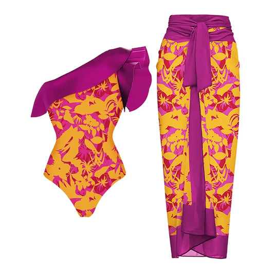 Badpak met één schouder ruches en print of als set met sarong