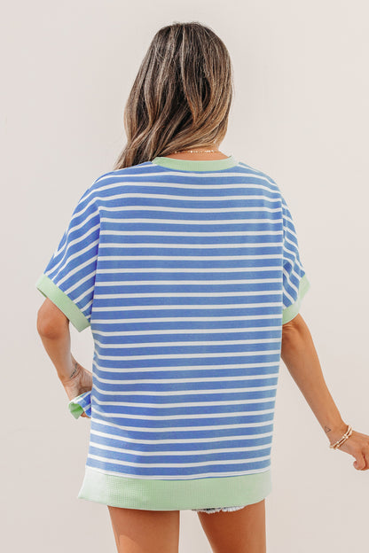 Gestreepte top met contrasterende bies losse korte mouwen en shorts