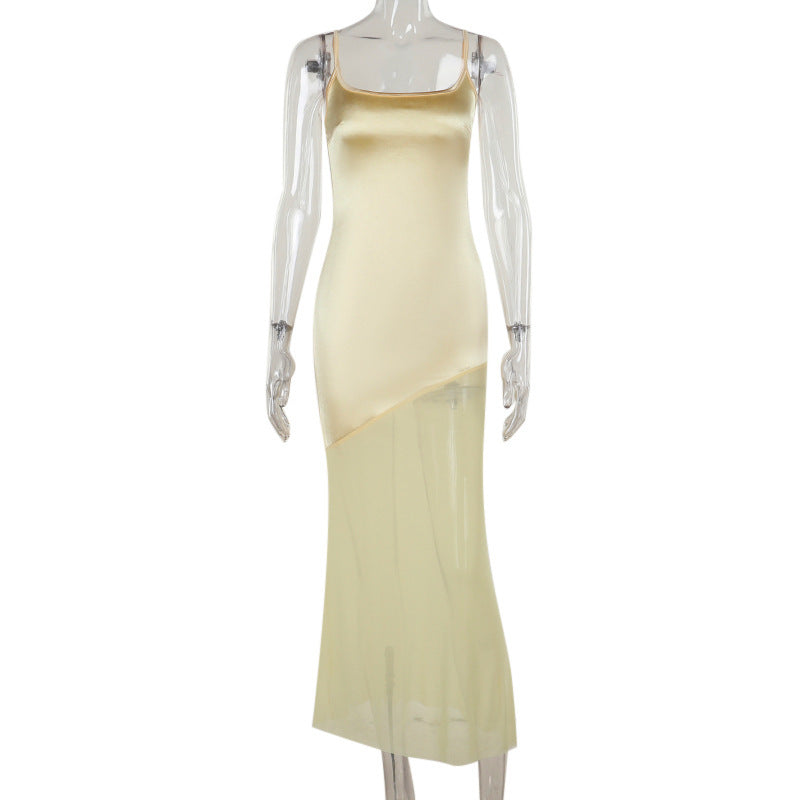 Sexy feestelijke satijnen maxi-jurk met patchwork mesh camisole rok