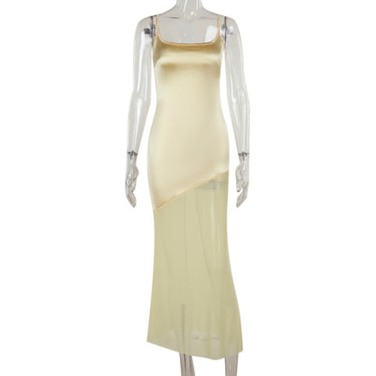 Sexy feestelijke satijnen maxi-jurk met patchwork mesh camisole rok