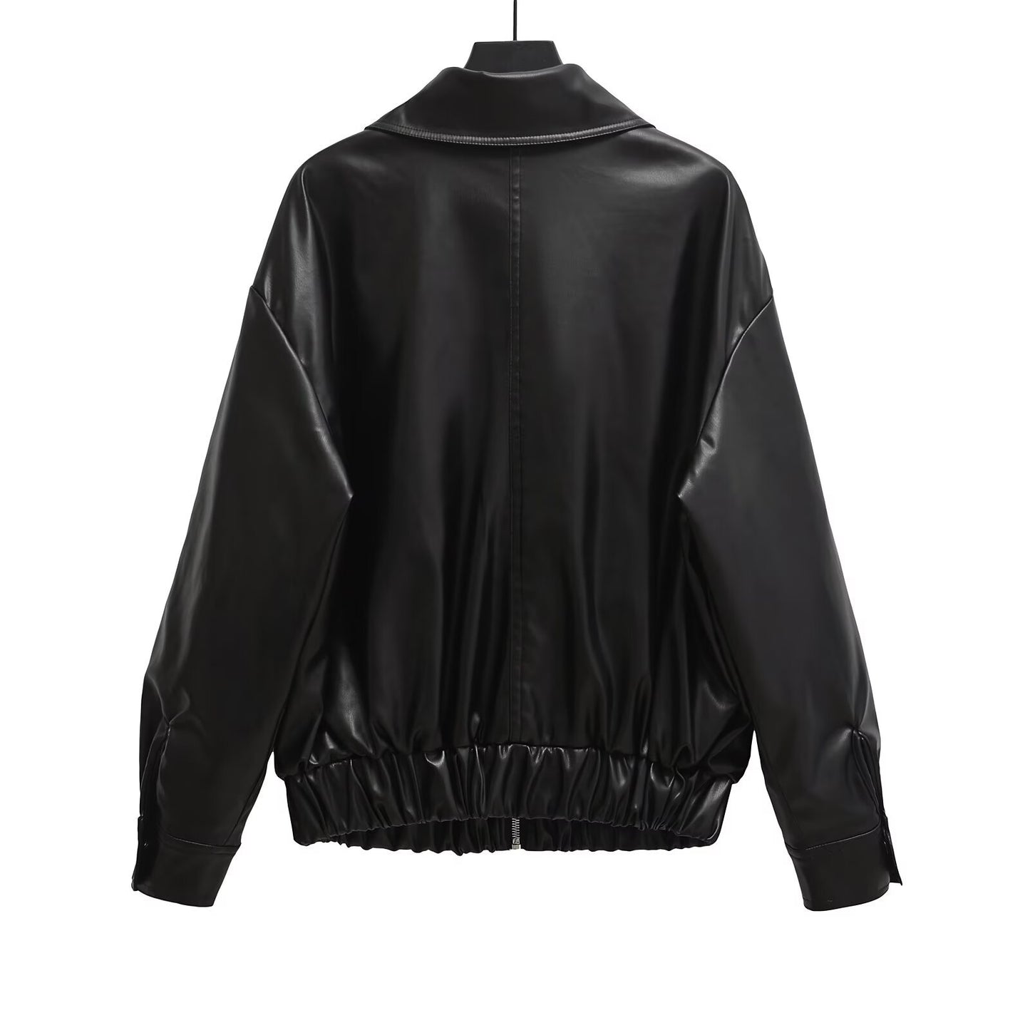 PU-leren jack met ritssluiting zakken en elastische taille