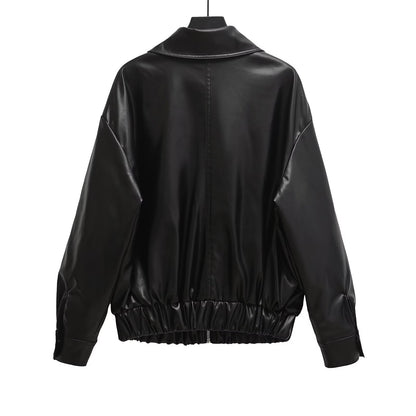 PU-leren jack met ritssluiting zakken en elastische taille