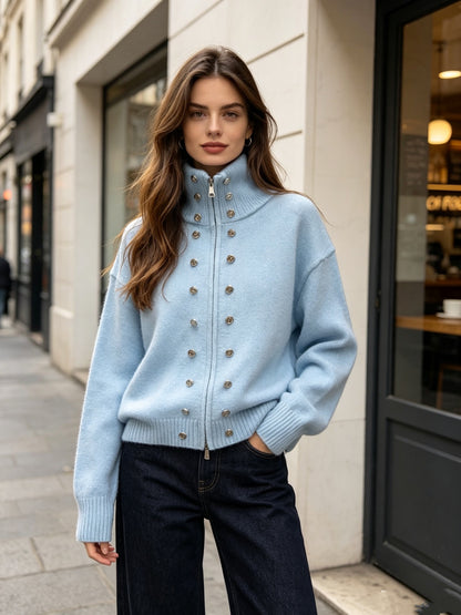 button-decorated knitted zipper cardigan sweater coat