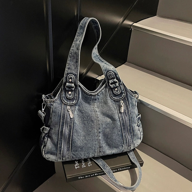 Retro denim large capacity zipper tote bag