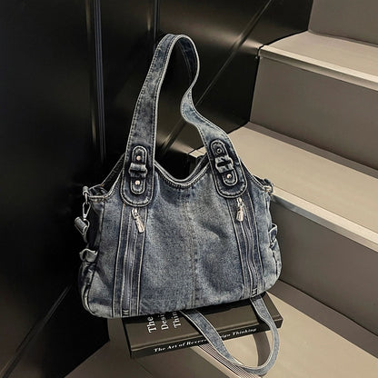 Retro denim large capacity zipper tote bag