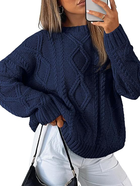 Women Solid Cable Knit Round Neck Pullover Sweater