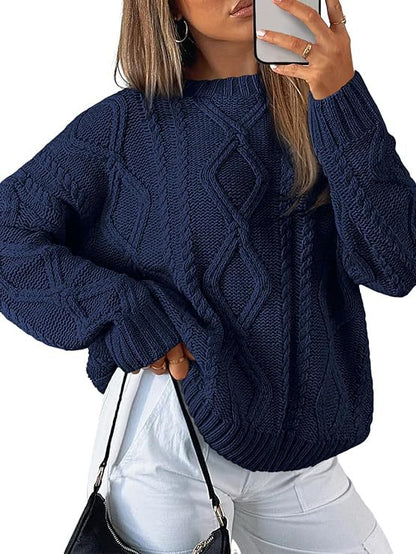 Women Solid Cable Knit Round Neck Pullover Sweater