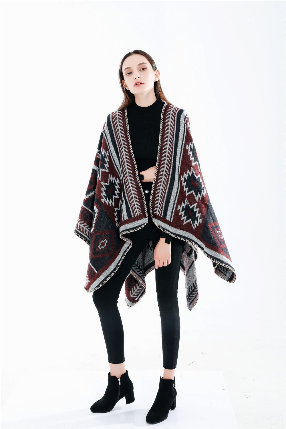 NEW Women Winter Boho Hooded Coat Cape Poncho Ladies Shawls Wrap Female Pashmina Plaid Cashmere Blanket Scarf