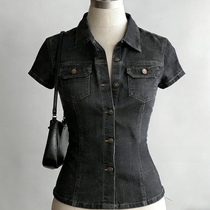 Womens Retro Denim Shirt Short Sleeve Lapel Pocket