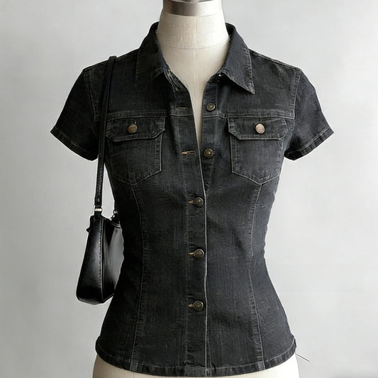 Retro denim damesoverhemd met korte mouwen en reverskraag