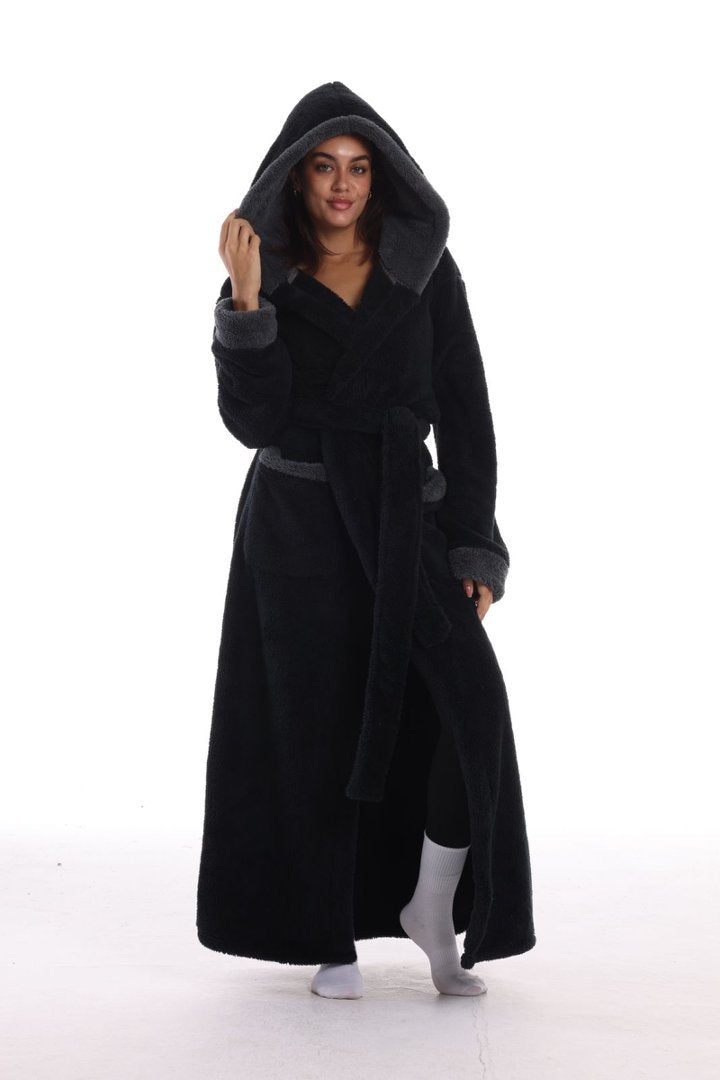 Hooded Solid Color Fleece Bathrobe with Belt Ankle Length Warm Couple Loungewear