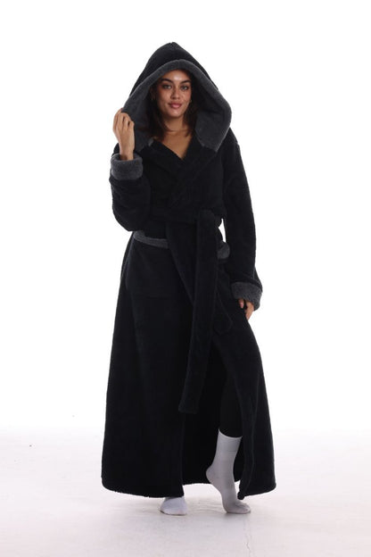 Hooded Solid Color Fleece Bathrobe with Belt Ankle Length Warm Couple Loungewear