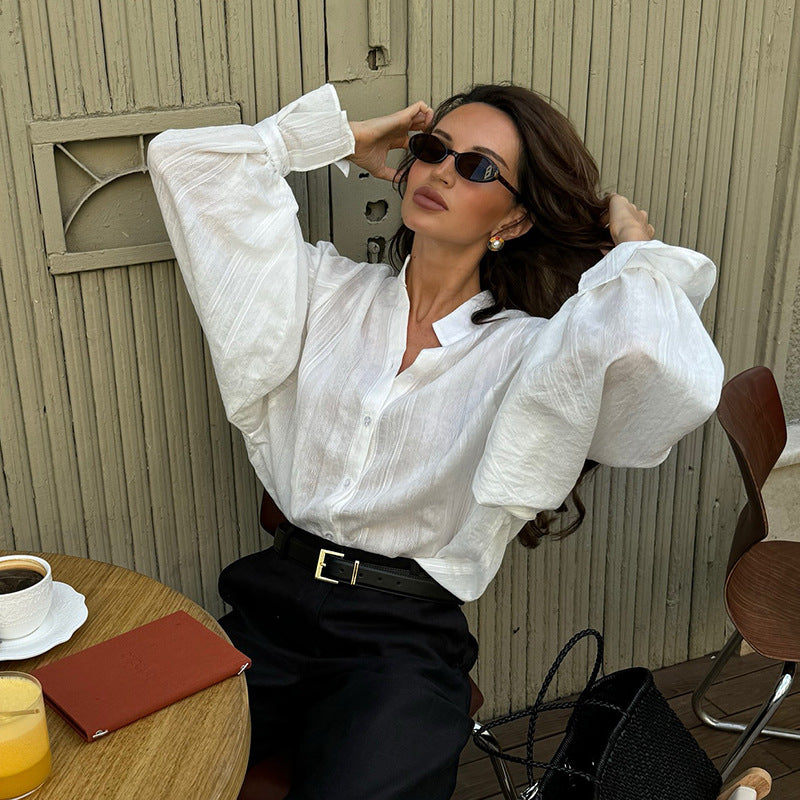 Womens Lantern Sleeve Stand Collar Blouse