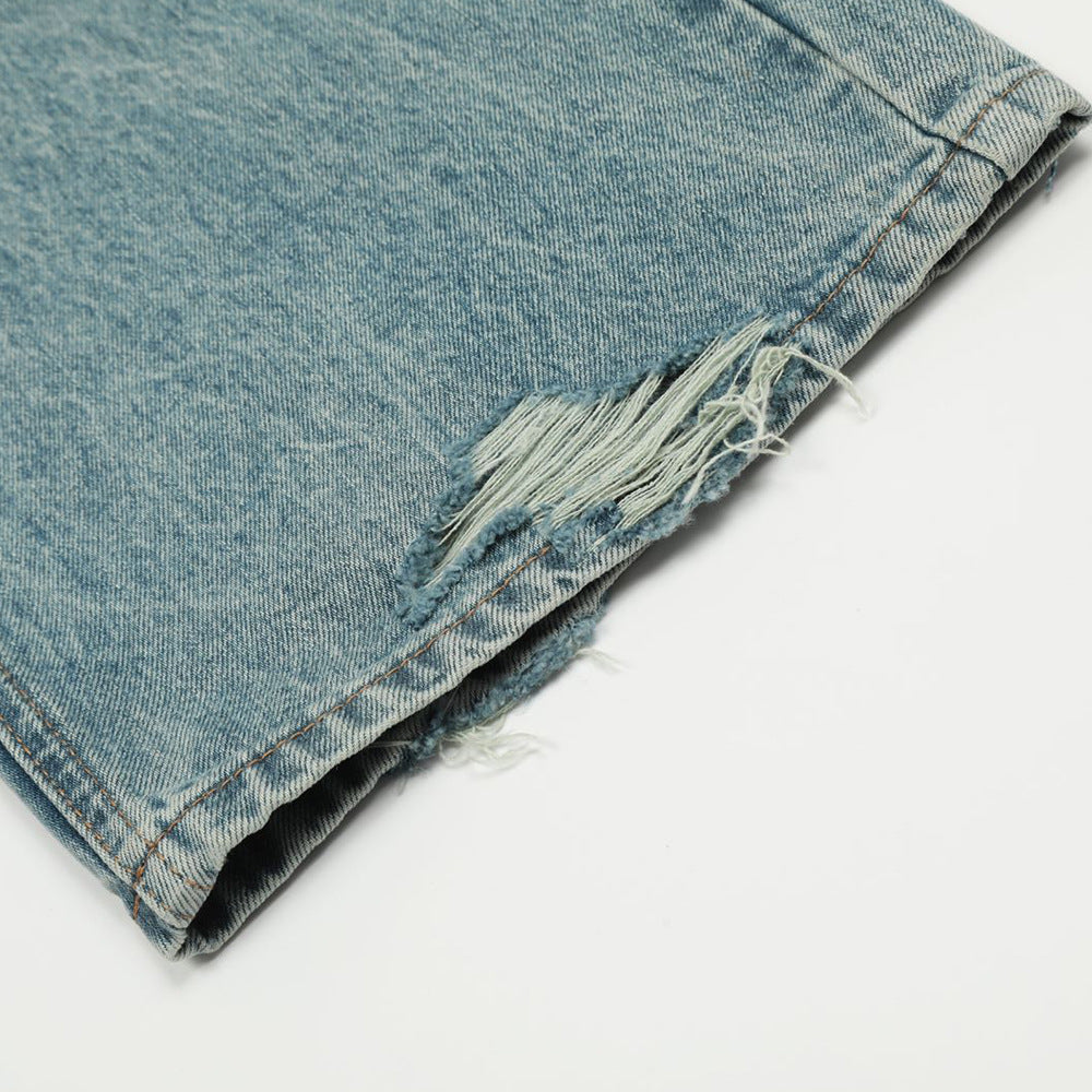 Ripped washed denim straight leg pants