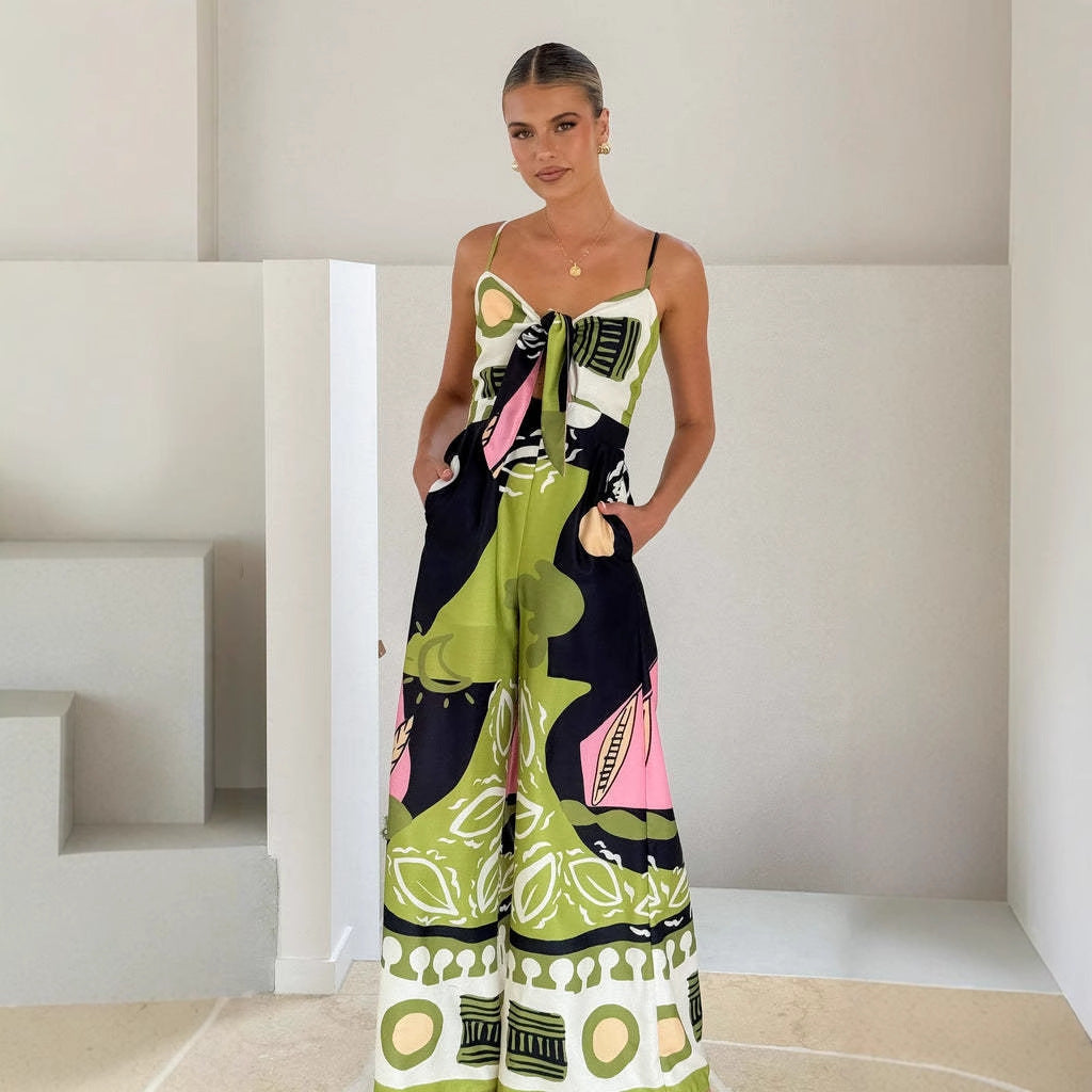 Casual en modieuze jumpsuit met digitale print strik zakken en wijde pijpen