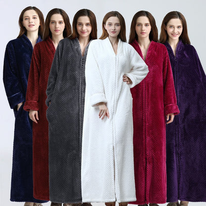 Flannel Nightdress, Bathrobe for Women, Fleece-Lined and Thickened