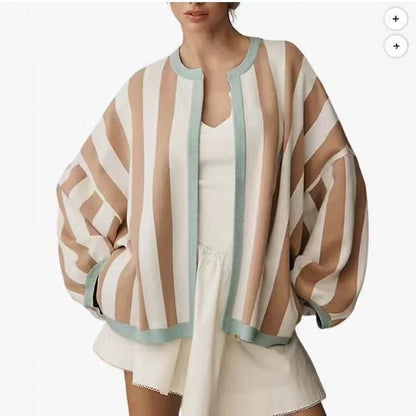 Women's Oversized Color-Block Striped Loose Knit Cardigan