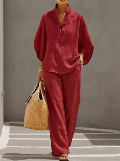Womens Cotton Linen Shirt Set Casual Long Sleeve