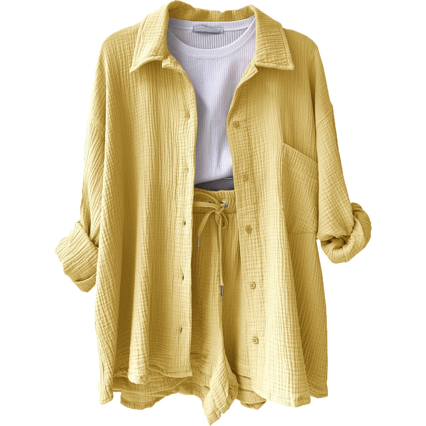 Wrinkled collar long sleeved shirt high waisted drawstring shorts two-piece set