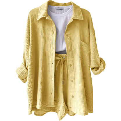 Wrinkled collar long sleeved shirt high waisted drawstring shorts two-piece set