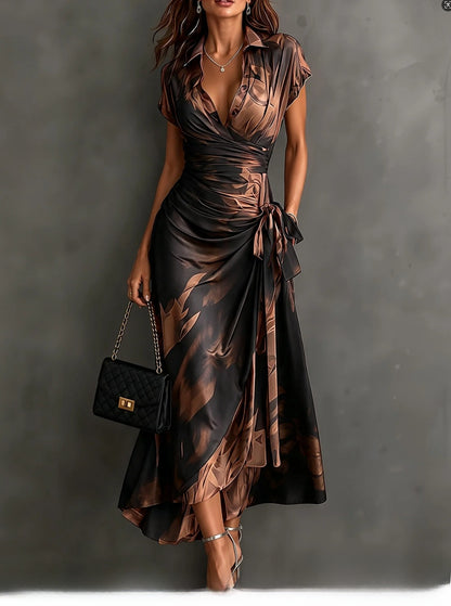 Elegant printed short-sleeved lace-up dress